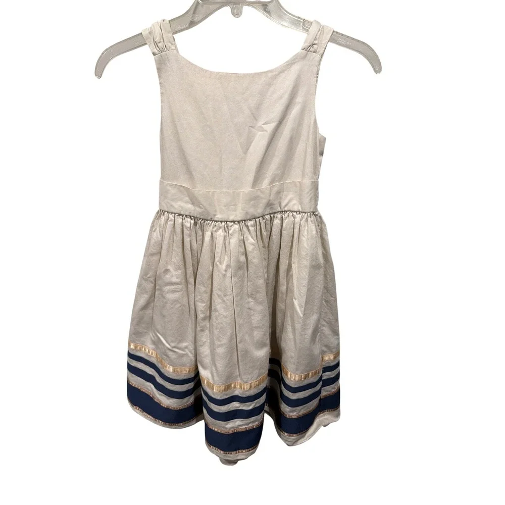 Janie and Jack Girls Dress Cream Navy Gold Striped Hem Fit and Flare Size 8